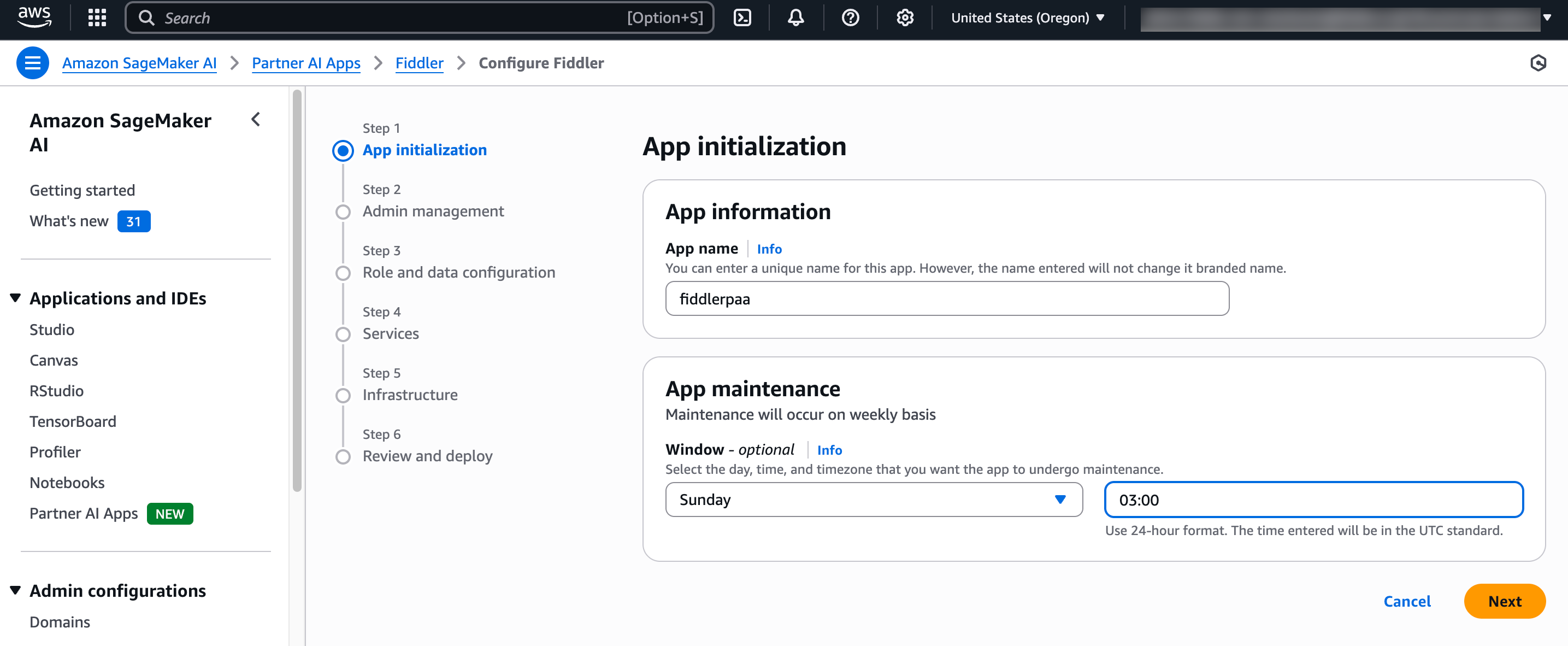 Step 1 of Fiddler Partner AI App provision and deploy wizard: app name
