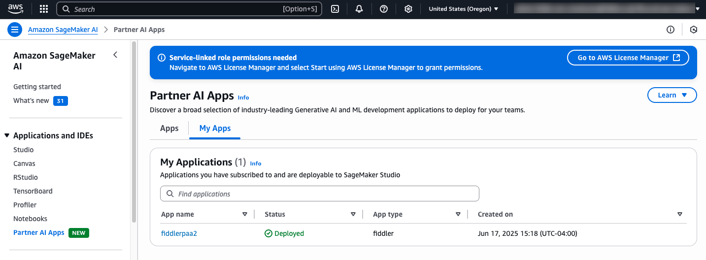 My Apps tab of SageMaker console's Partner AI Apps page