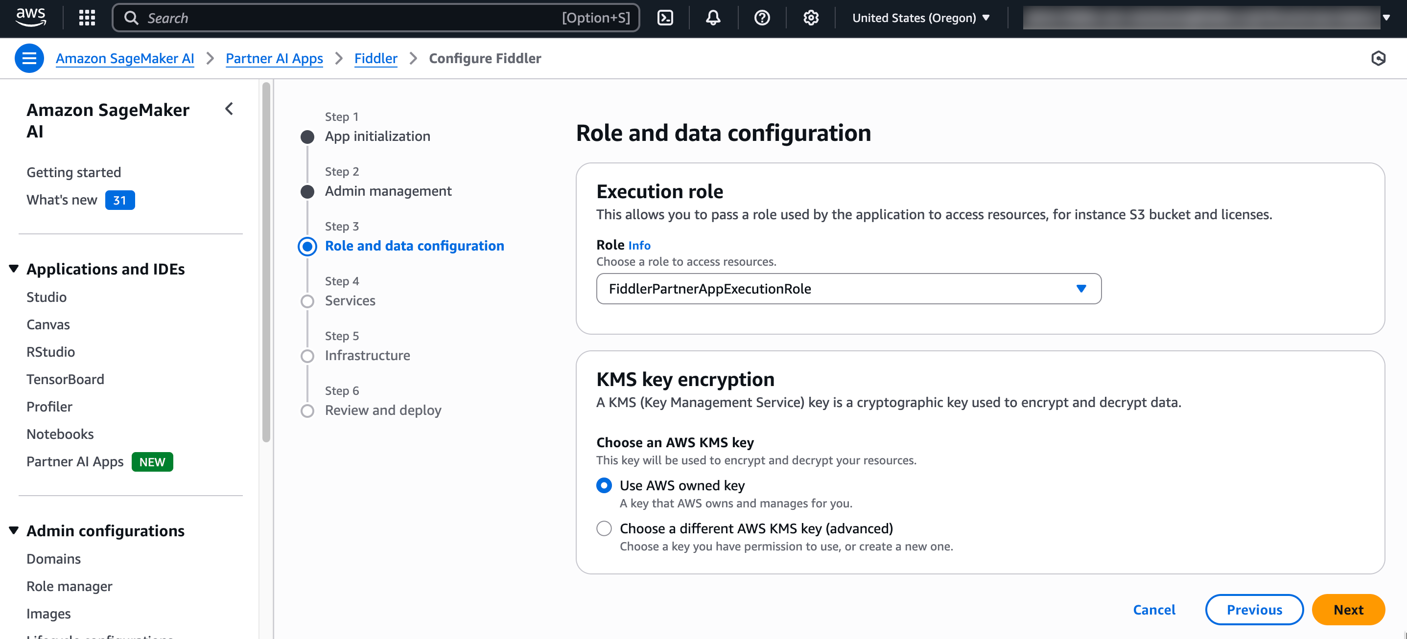 Step 3 of Fiddler Partner AI App provision and deploy wizard: select execution role