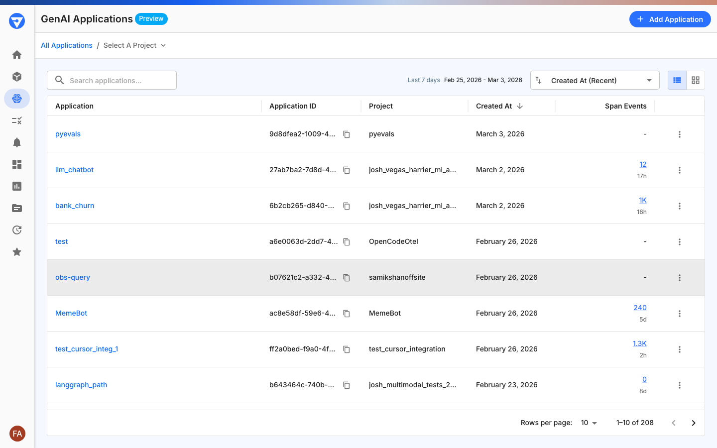 GenAI Applications page with Add Application button