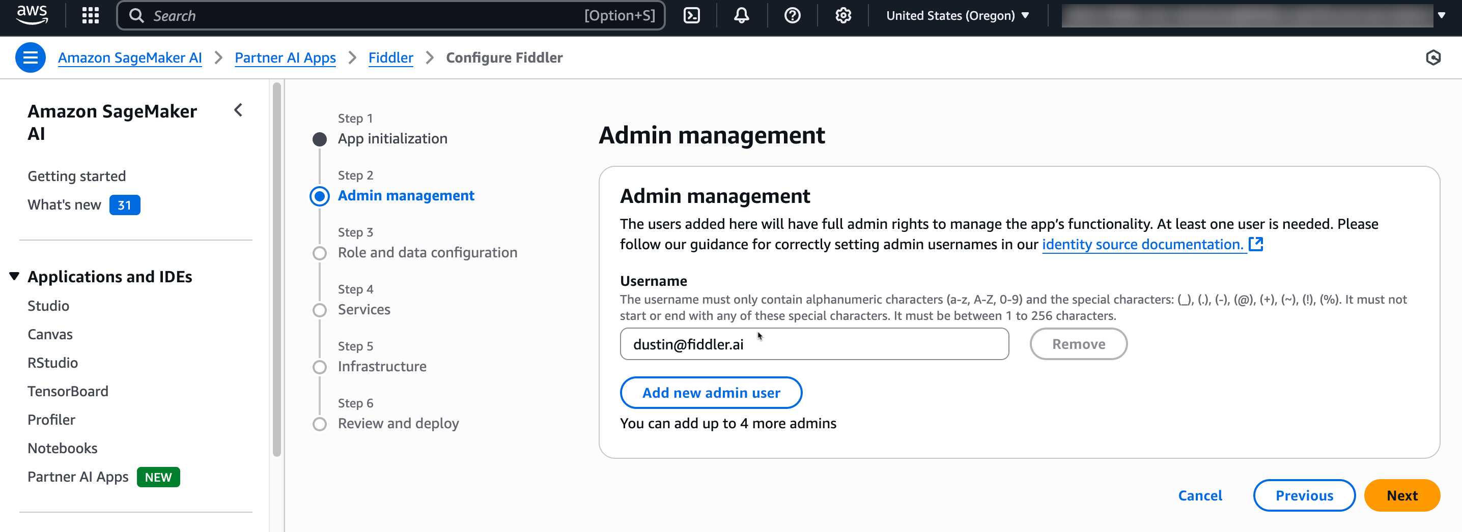 Step 2 of Fiddler Partner AI App provision and deploy wizard: add admin users