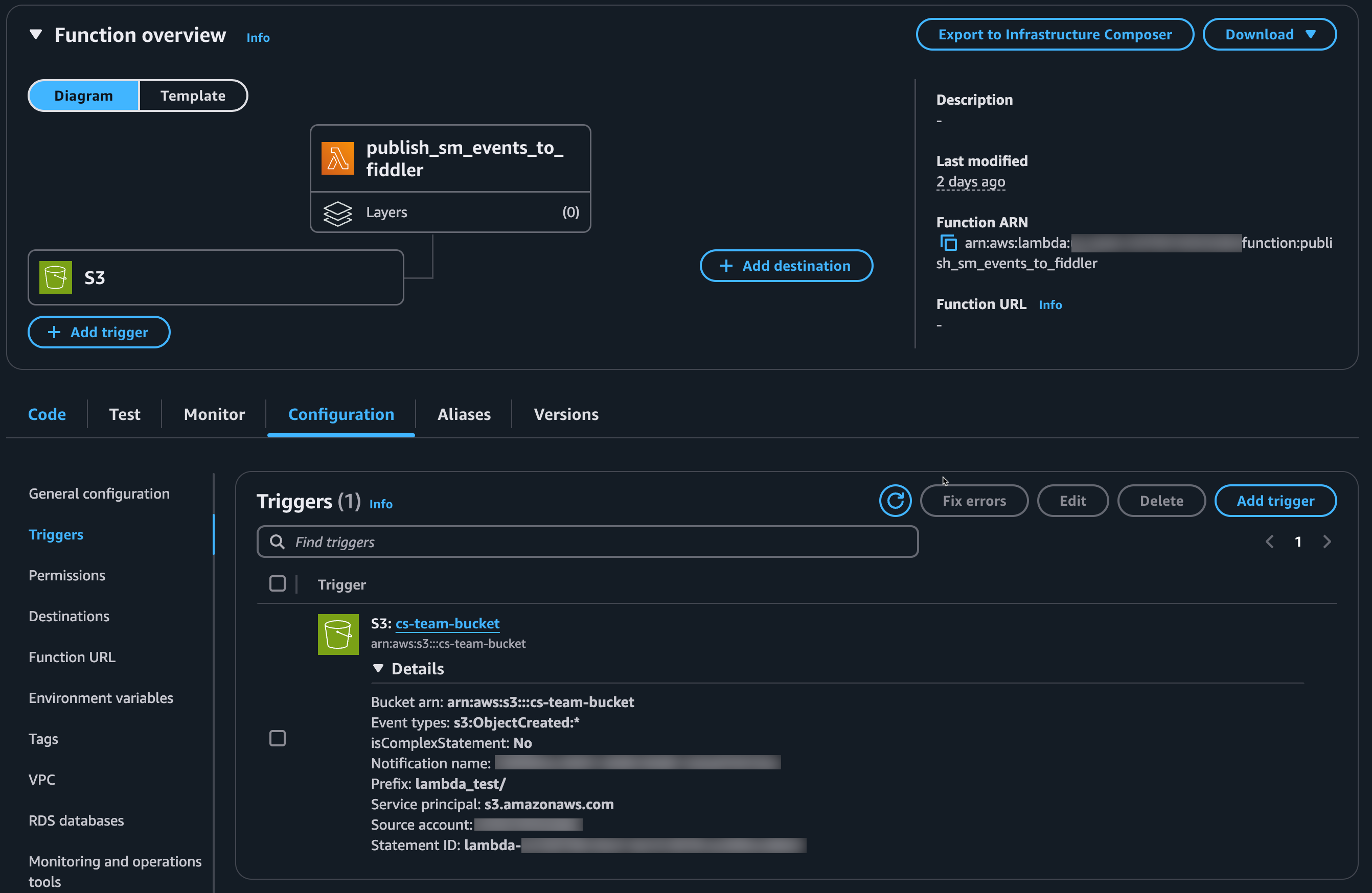 AWS Lambda function console on the triggers tab showing the details of the trigger used in this guide.